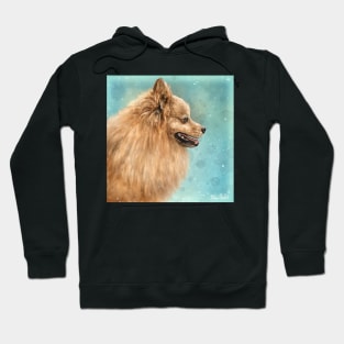 Painting of a Pomeranian Do with Golden Fur on Turquoise Background Hoodie